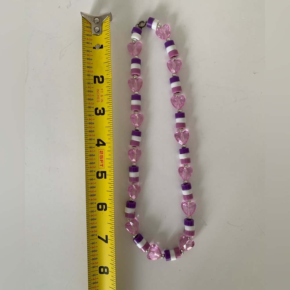 Girls Necklace & Bracelet Set Child’s Size Purple White Beaded Heart Jewelry - Picture 9 of 11